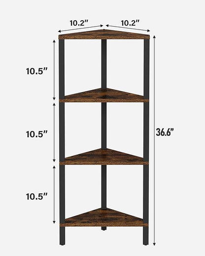TUTOTAK Corner Shelf, 4-Tier Corner Bookshelf for Small Space, Narrow Display Corner Shelf Stand with Storage Rack, for Living Room, Bedroom, Rustic Brown BS05BB004