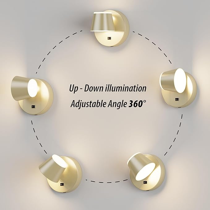URSOLA Battery Operated Wall Lights Set of Two, LED Rechargeable Battery Wall Sconce with 9000mAh 3CCT and Dimmable Magnetic 360° Rotation Cordless Light for Bedroom（Champaign）