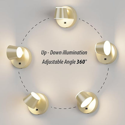 URSOLA Battery Operated Wall Lights Set of Two, LED Rechargeable Battery Wall Sconce with 9000mAh 3CCT and Dimmable Magnetic 360° Rotation Cordless Light for Bedroom（Champaign）