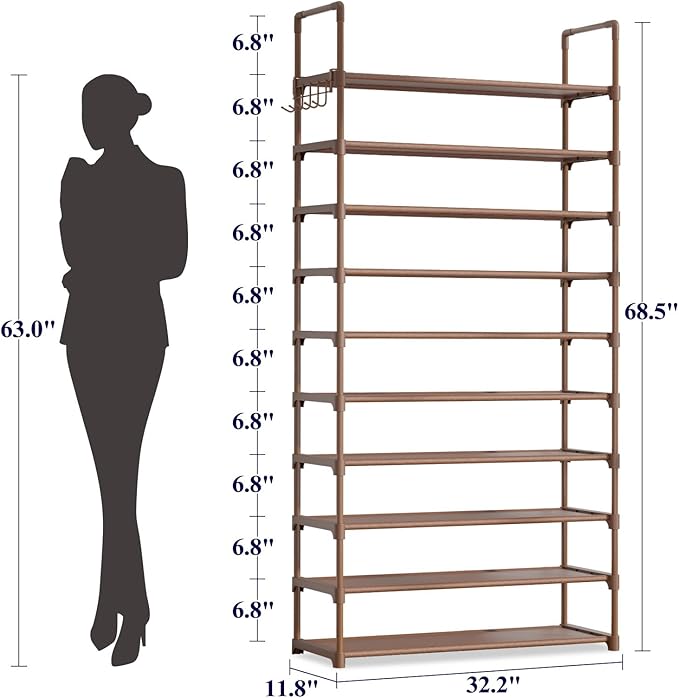 Kitsure Shoe Rack for Closet - 10-Tier Shoe Organizer with Hook Rack, Large-Capacity & Space-Saving Shoe Shelf for Entryway, Bedroom, Living Room,32.2