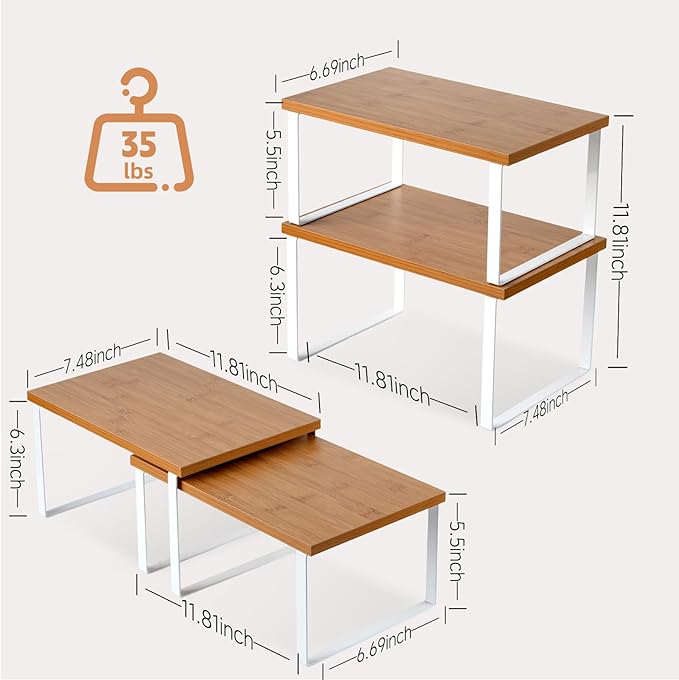 Cabinet Organizer Shelf, Set of 2 Expandable Kitchen Countertop Shelves with Spice Rack - Stackable Storage in Metal and Wood15.7 inches (Bamboo Color)
