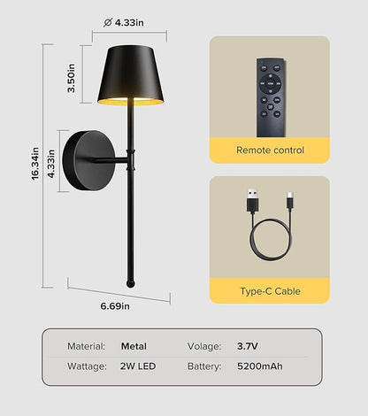 UME Wireless Sconces Set of 2 with Remote, 5200mAh Battery Powered Sconces - Small Rechargeable Sconces w/ 3 Color Temps & 5 Brightness Levels for Bedroom, Living Room, Wall Painting, Cafe (Black)