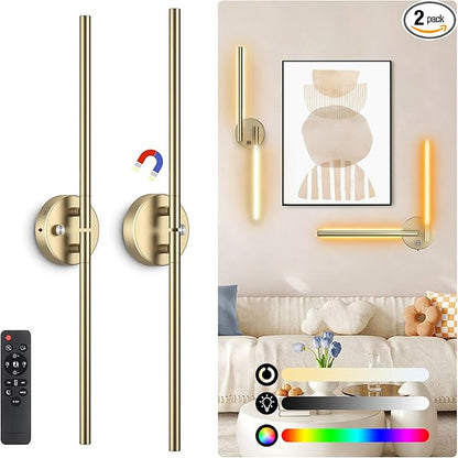 Battery Operated Wall Sconce Set of Two,Wireless Magnetic Wall Lights with Remote, 360°DIY Rotatable 5CCT Dimmable with Timer,RGB Cordless Wall Gold Sconces Decor for Vanity Bedroom Hallway 10000mAh