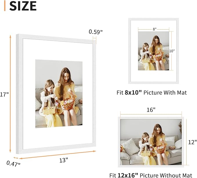 12x16 Picture Frame Set of 4, Displays 8x10 with Mat or 12x16 Without Mat, Photo Frames for Wall Hanging or Tabletop, Includes HD Plexiglass, White