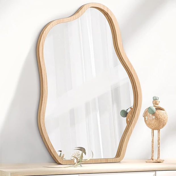 Wall Mirror Irregular Cloud Mirror Modern Wood Frame Mirror Unique Shape Asymmetrical Wall Vanity Artistic Mirror Decor for Bedroom Bathroom Entryway Hallway Living Room Large