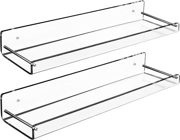 AMT 2 Pack Acrylic Bathroom Shelves 15 Inch Clear Floating Wall Mounted Storage Bookshelf, Invisible Display for Office, Bedroom, Small Gap for Water to Escape, Free Screws & Drill Bit (Medium)