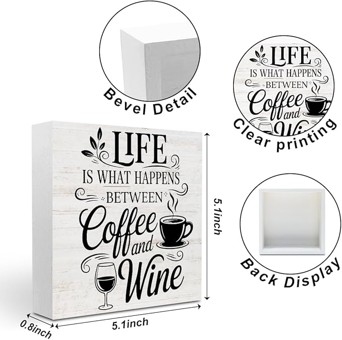 Rustic Coffee Wine Wood Box Sign, Life is What happens Between Coffee and Wine Wood Plaque, Woods Table Decorative Signs for Home Kitchen Wine Bar Tabletop Shelf, Christmas Birthday Gifts for Women