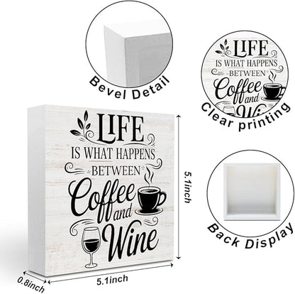 Rustic Coffee Wine Wood Box Sign, Life is What happens Between Coffee and Wine Wood Plaque, Woods Table Decorative Signs for Home Kitchen Wine Bar Tabletop Shelf, Christmas Birthday Gifts for Women