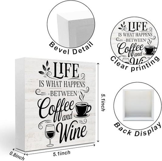 Rustic Coffee Wine Wood Box Sign, Life is What happens Between Coffee and Wine Wood Plaque, Woods Table Decorative Signs for Home Kitchen Wine Bar Tabletop Shelf, Christmas Birthday Gifts for Women