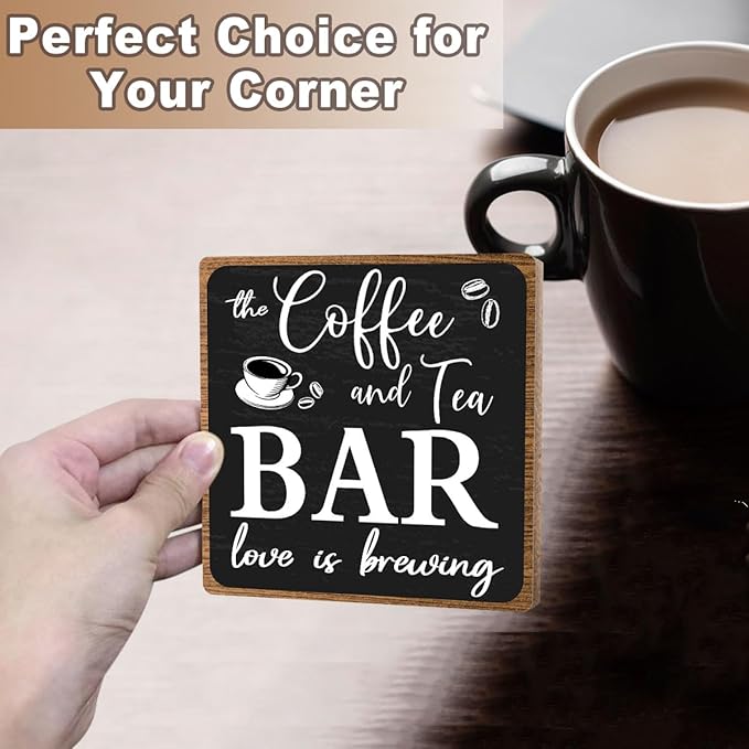 Toerifer Coffee Bar Decor, Funny Coffee Sign, Wooden Table Display, 5x5 Inches, Black, Rustic