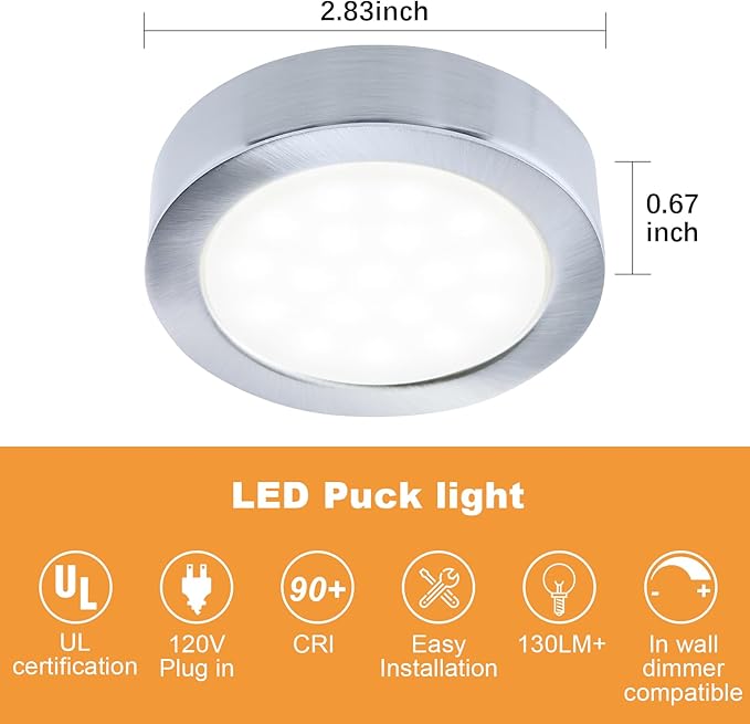 LUMILAND Wired LED Puck Lights (2.7Wx3) Plug-in Lighting Natural White (4000K), LED Cabinet Light for Kitchen Can Be Surface Mount or Recess Mount, Satin Nickle