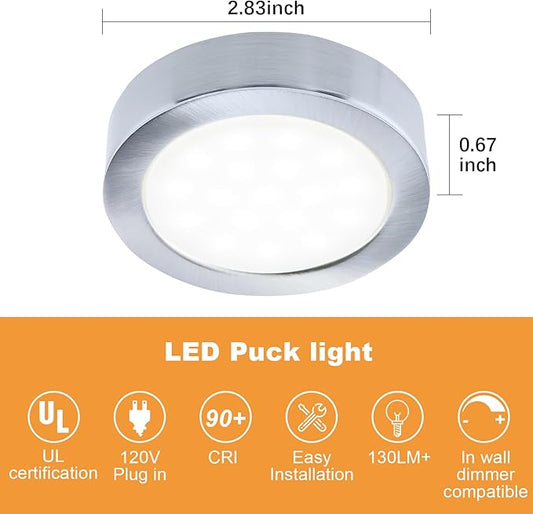 LUMILAND Wired LED Puck Lights (2.7Wx3) Plug-in Lighting Natural White (4000K), LED Cabinet Light for Kitchen Can Be Surface Mount or Recess Mount, Satin Nickle