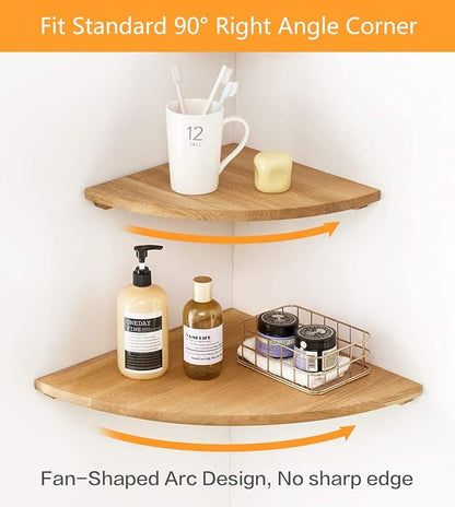 Corner Shelf Wall Mount, 7inch Oak Wood Floating Corner Shelf Round End Small Corner Nightstand Plant Shelf Wall Mount for Kitchen, Living Room, Bedroom