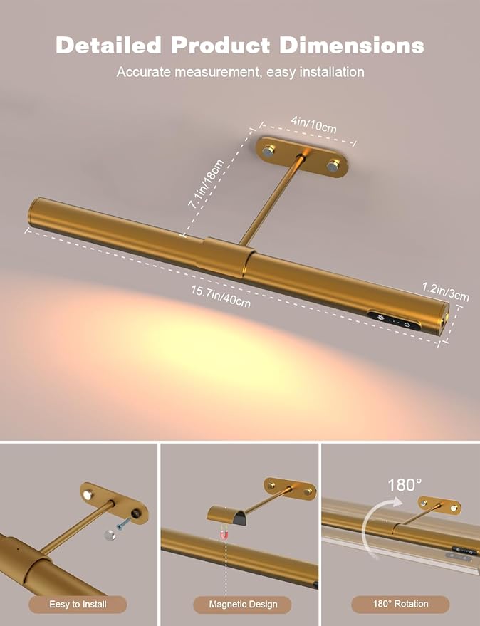 GOVSSING Picture Lights for Wall - 4000mAh Rechargeable Battery Wireless Picture Light with Remote, 3 Color Temps & Dimmable, 15.7” Rotatable Art Light, Memory & Timer Functions, Gold