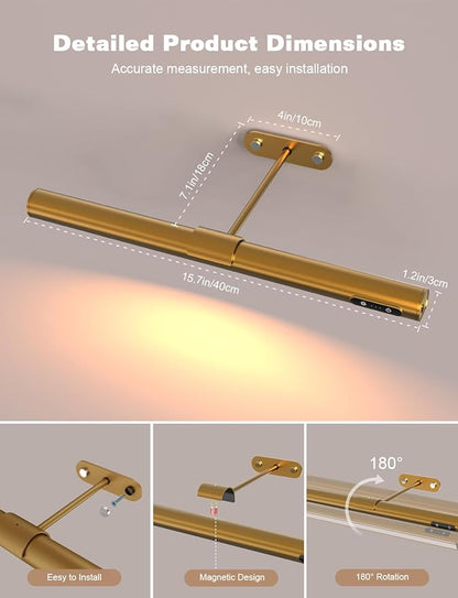GOVSSING Picture Lights for Wall - 4000mAh Rechargeable Battery Wireless Picture Light with Remote, 3 Color Temps & Dimmable, 15.7” Rotatable Art Light, Memory & Timer Functions, Gold