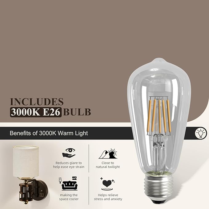 V07-1 Vintage Wall Sconce Light with USB A+C Charging Ports, Hardwired/Plug in Wall Sconces with Dimming Knob and Linen Lampshade, Wall Lights for Bedroom Living Room Kitchen (Bulb Included)
