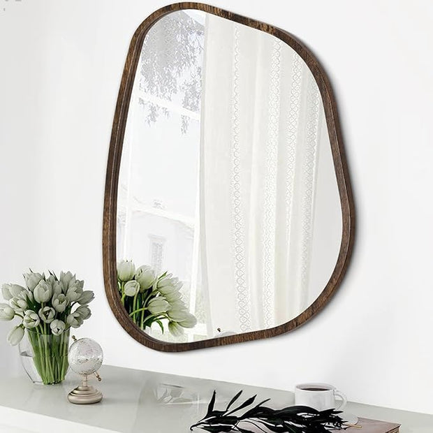 Asymmetrical Accent Mirror for Wall Irregular Oval Wood Frame Modern Unique Wall Mirrors Decorative Boho Vanity Bathroom Living Room Bedroom Entryway Hallway Artistic Wavy Mirror Small 16"x12"