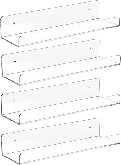 CY craft 4 PCS Clear Acrylic Floating Wall Ledge Shelf 15 Inch Wall Mounted Nursery Kids Bookshelf, Invisible Hanging Shelves for Wall Storage,Toy Picture Ledge Display Shelf Bathroom Storage Shelves