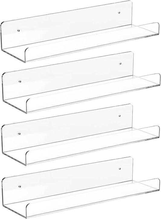 CY craft 4 PCS Clear Acrylic Floating Wall Ledge Shelf 15 Inch Wall Mounted Nursery Kids Bookshelf, Invisible Hanging Shelves for Wall Storage,Toy Picture Ledge Display Shelf Bathroom Storage Shelves