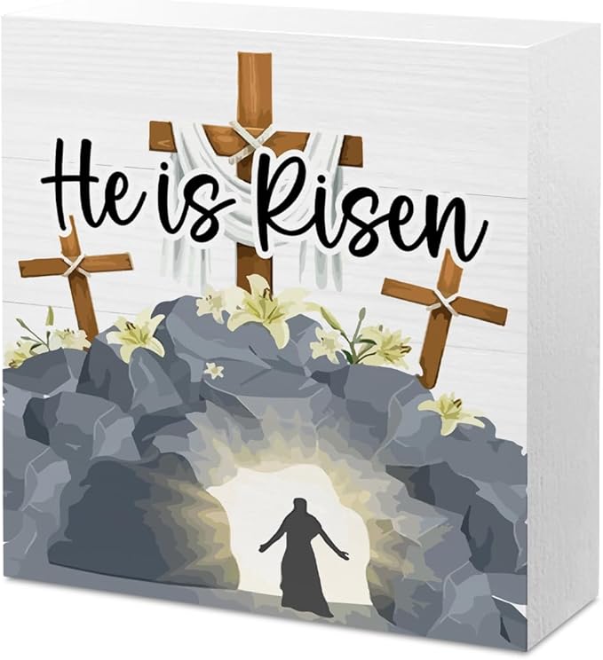 He Is Risen Easter Decor Indoor Religious Christian Easter Jesus Cross Decor Decorations Farmhouse Easter Sign for Home Room Badroom Bathroom Office Table Mantle Dessk Decor