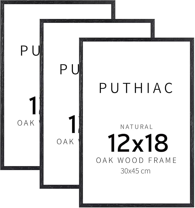 puthiac 12x18 Solid Oak Wood Picture Frame, Fits 8x12 with Mat or 12x18 Without Mat, Wall Display Only, Vertical or Horizontal, Plexi Front, 3 Pack, Black