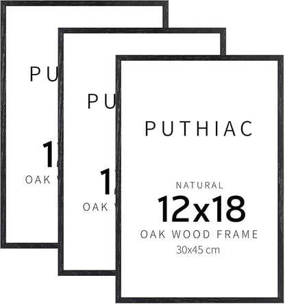 puthiac 12x18 Solid Oak Wood Picture Frame, Fits 8x12 with Mat or 12x18 Without Mat, Wall Display Only, Vertical or Horizontal, Plexi Front, 3 Pack, Black