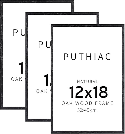 puthiac 12x18 Solid Oak Wood Picture Frame, Fits 8x12 with Mat or 12x18 Without Mat, Wall Display Only, Vertical or Horizontal, Plexi Front, 3 Pack, Black