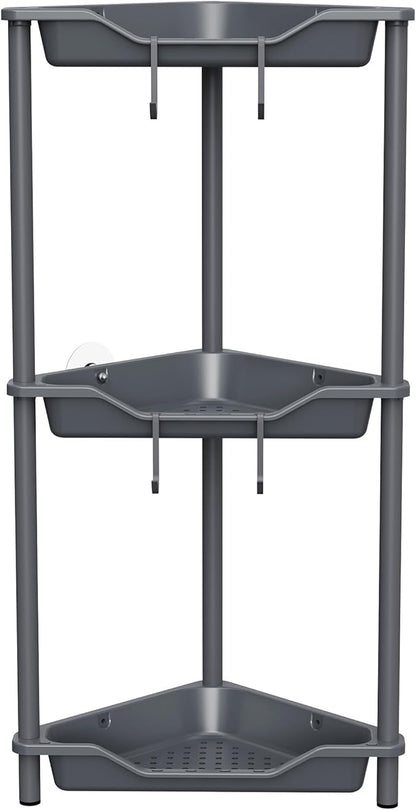 Orimade Rustproof 3 Tier Floor Standing Corner Shower Caddy Organizer, Plastic Metal Splicing Floor Corner Shelf Rack Stands for Bathroom, Grey
