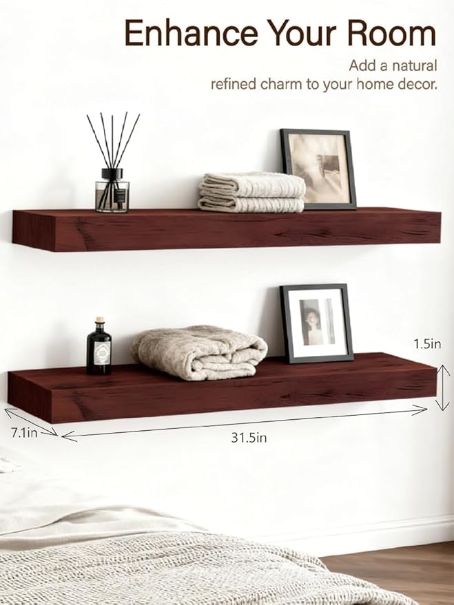 Solid Wood Floating Shelves,31.5in Finished Real Wood Wall Shelves with Heavy-Duty Hidden Bracket, Easy Installation, Set of 2, 31.5in x 7.1in x 1.5in, for Living Room Bedroom Kitchen,Walnut
