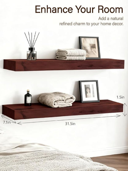 Solid Wood Floating Shelves,31.5in Finished Real Wood Wall Shelves with Heavy-Duty Hidden Bracket, Easy Installation, Set of 2, 31.5in x 7.1in x 1.5in, for Living Room Bedroom Kitchen,Walnut