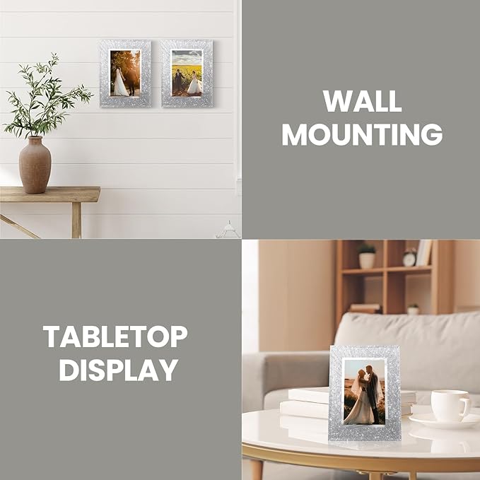 4x6 Picture Frame Set of 2 - Crystal Glass Picture Frame, 4 by 6 Glitter Silver Wedding Photo Frames for Tabletop and Wall Display Vertically of Horizontally
