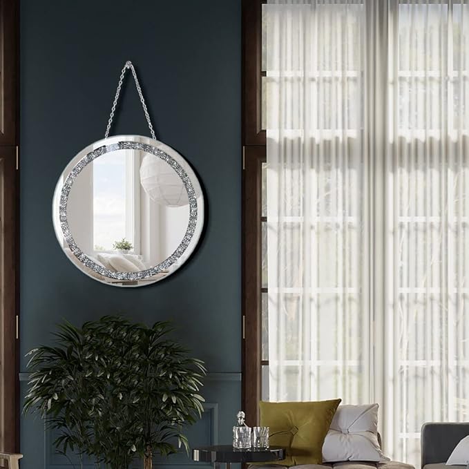 Crush Diamond 12 inch Wall-Mounted Mirrors with Iron Chain Home Decoration Round Silver Crystal Sparkling Decorative Mirror