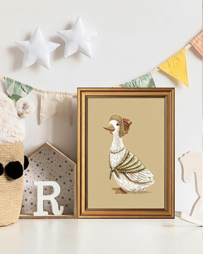 VIYYIEA Gold Framed Art Prints,12x16Inch, Dressed Duck Vintage Art Painting, Cottagecore Farmhouse Decor for Nursery Kids Room Playroom Bedroom, Rustic Whimsical Canvas Picture