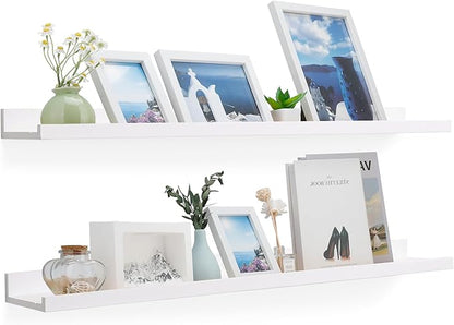 White Floating Shelves for Wall, Wooden Wall Mount Bathroom Shelves with Lip for Bedroom, 48 Inch Farmhouse Picture Ledge Shelf, Hanging Photo Shelves for Living Room Kitchen(White, 2 Pack, 48 Inch)