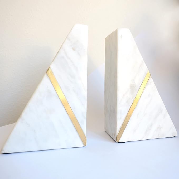 Marble Bookends Handcrafted Heavy Marble Triangular Bookshelf Decor Brass Inlay Set of 2 Decorative Bookends Book Stoppers with Non-Skid Bottom Solid Home Kitchen Office Shelves Triangle