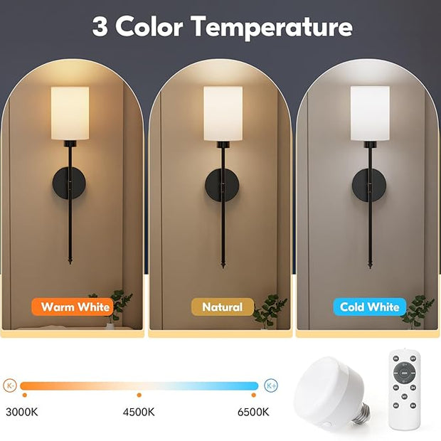 NIORSUN 24 inch Battery Operated Wall Sconce Set of 2, Black Wireless Rechargeable Wall Lights with 5200mAh Dimmable Detachable Bulbs and Remote, 9 Colors Sconces Wall Decor for Bedroom Living Room