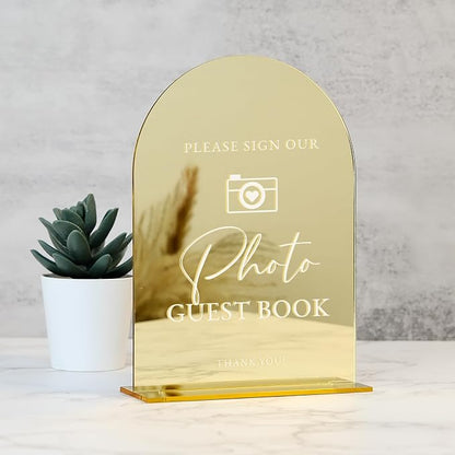 Acrylic Photo Guestbook Sign with Stand- 5"x7" Gold Mirror Arched Wedding Signs and Base,1/8" Thick | Modern Calligraphy White Lettering Arch Acrylic Sign for Wedding Reception & Party(Gold, 5X7 Inch)
