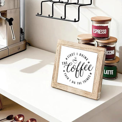 Funny Wood Coffee Sign First I Drink The Coffee Then I Do The Things Square Handmade Coffees Plaque For Kitchen Office Bar Decor Cafe Wood Decor Sign Funny Boss Gifts for Women Men 5.9x5.9 inches