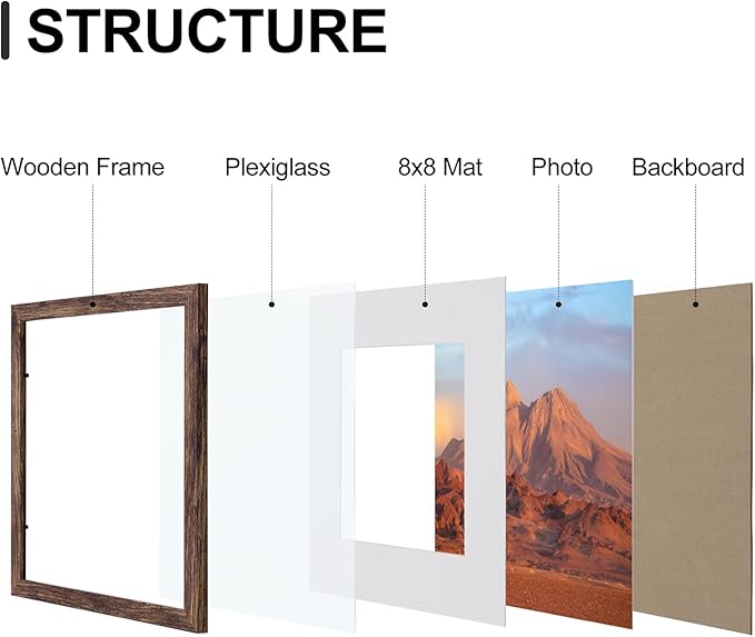 Vittanly 12x12 Picture Frames Set of 9, Shatter Resistant Plexiglass, Display 8x8 Pictures with Mat or 12x12 without Mat, Photo Frames for Wall Mount, Engineered Wood, Brown