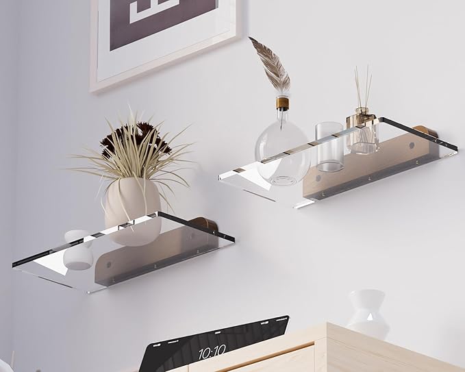 Small Acrylic Floating Shelf for Wall, Clear Acrylic Wall Shelf with Solid Wood Base, Thick Minimalist Display Shelf for Bathroom, Bedroom,Plants, Perfume, Nail Polish,Living Room & Decor