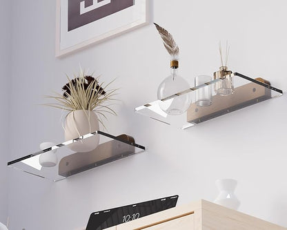 Small Acrylic Floating Shelf for Wall, Clear Acrylic Wall Shelf with Solid Wood Base, Thick Minimalist Display Shelf for Bathroom, Bedroom,Plants, Perfume, Nail Polish,Living Room & Decor