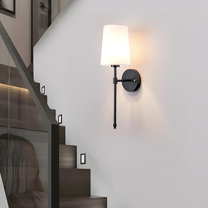 Battery Operated Wall Sconce Light with Remote Control, Dimmable Wall Sconce Set of 2 with White Fabric Shade, Wireless Battery Operated Wall Lamp for Bedroom Living Room, Bulb Included