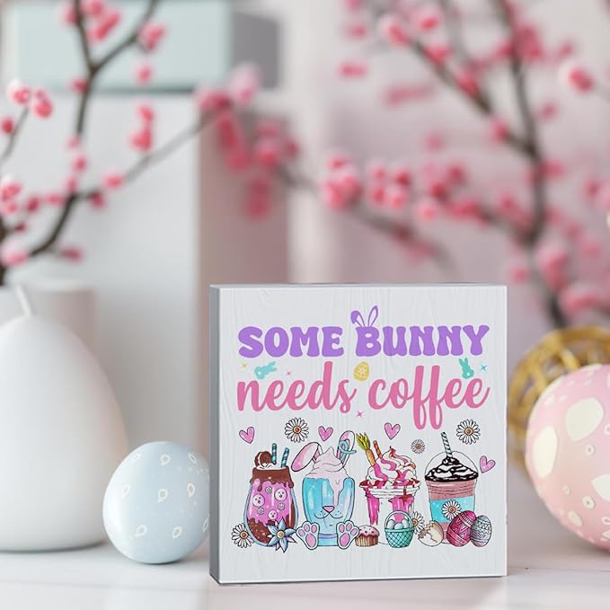 Easter Coffee Bar Decor Easter Table Decor Some Bunny Needs Coffee Wooden Box Sign for Home Office Bedroom Living Room Desk Shelves