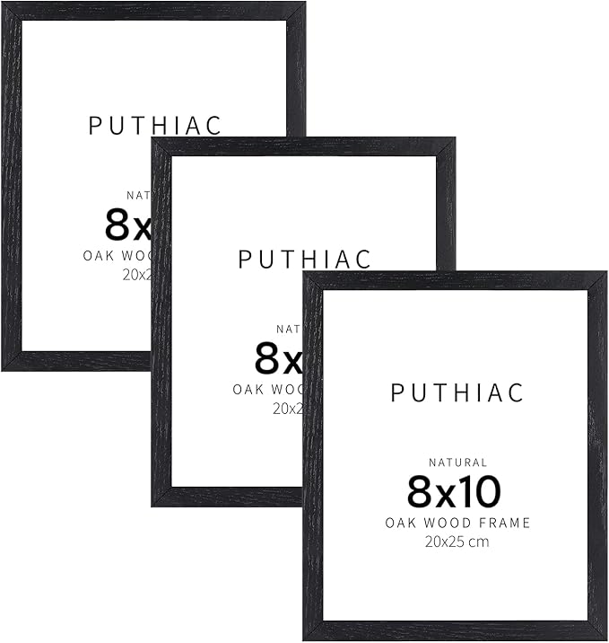 puthiac 8x10 Solid Oak Wood Picture Frame, Fits 6x8 with Mat or 8x10 Without Mat, Wall or Tabletop Display with Stand, Vertical or Horizontal, Plexi Front, 3 Pack, Black