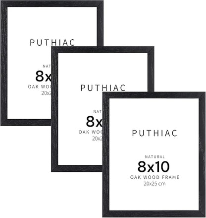 puthiac 8x10 Solid Oak Wood Picture Frame, Fits 6x8 with Mat or 8x10 Without Mat, Wall or Tabletop Display with Stand, Vertical or Horizontal, Plexi Front, 3 Pack, Black