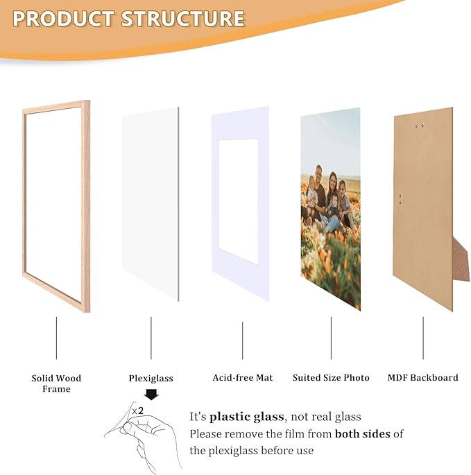8x10 Picture Frame, OAK Wood Photo Frame 5x7 with Mat or 8x10 without Mat with Perspex Glass for Vertical or Horizontal Tabletop Wall Display for Photos, Paintings, Posters, Artwork, Set of 2