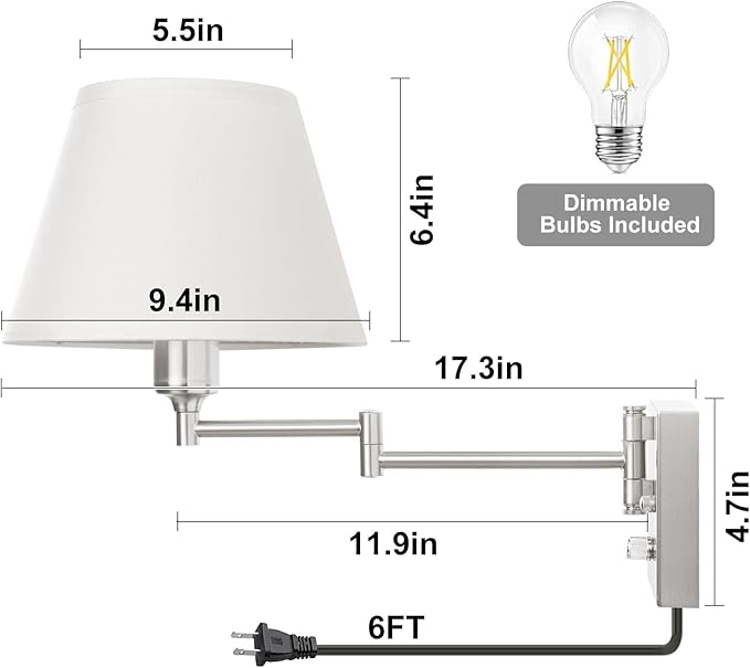 TRLIFE Wall Sconce Plug in, Dimmable Wall Sconces Set of 2 Brushed Nickel Swing Arm Wall Lights with Plug in Cord and On/Off Dimmer Rotary Switch, 9.4