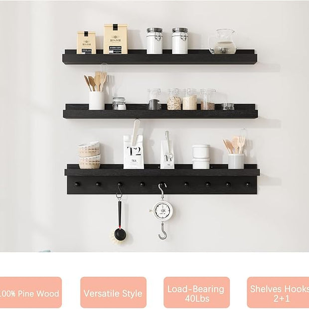 MBYD Black Picture Ledge Shelf with Hooks, 24 Inch Floating Book Shelves Kids Room, Wall Mounted Nursery Bookshelves, Hanging Bookshelf for Bedroom, Living Room, Kitchen, Bathroom Set of 3