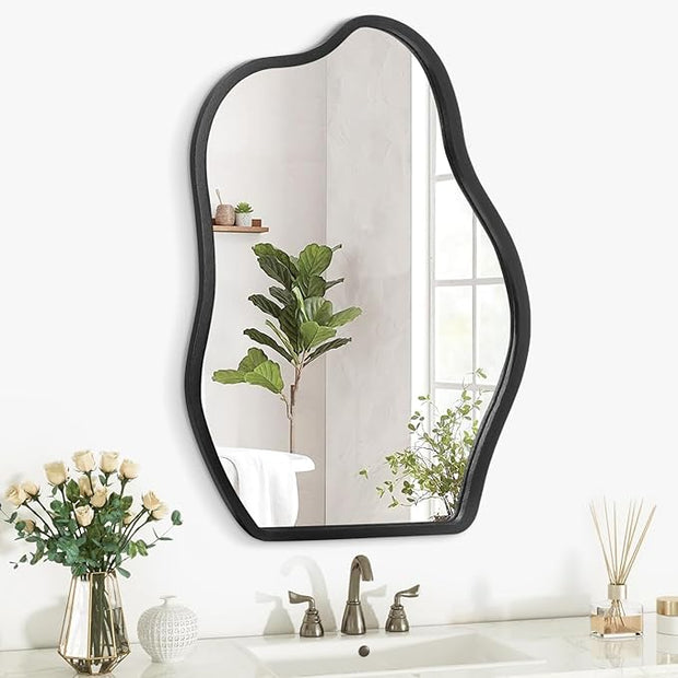 Wall Mirror Irregular Wavy Mirror Modern Wood Frame Mirror Unique Shape Asymmetrical Wall Vanity Artistic Mirror Decor for Living Room Bedroom Bathroom Entryway Hallway Black Large