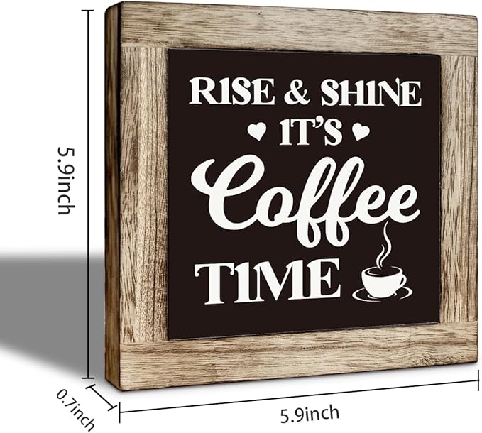 Coffee Bar Decor, Farmhouse Coffee Tiered Tray Decor, Rustic Funny Wooden Box Sign Block Plaque for Wall Tabletop Desk Bar Accessories 5.9×5.9 inch